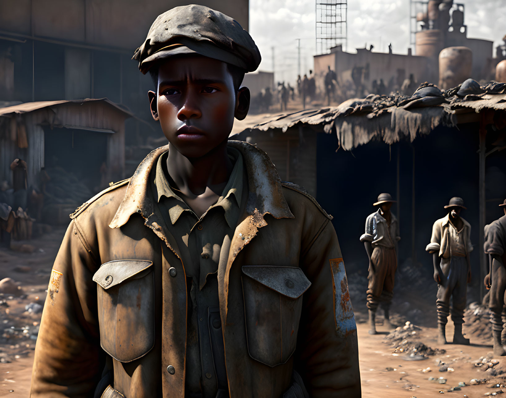 Young boy in military jacket and cap at bustling market.