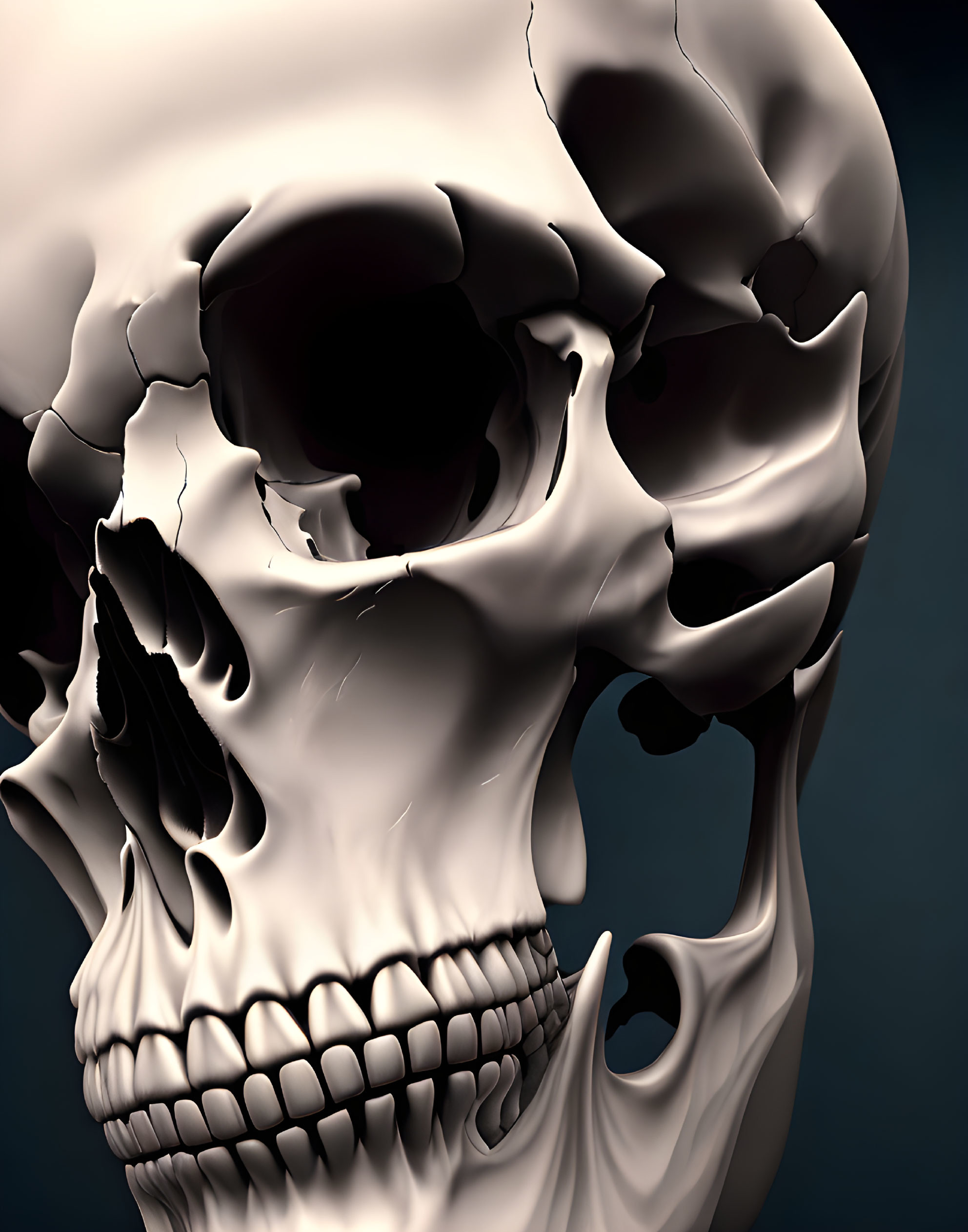 Detailed close-up of human skull with shadows on dark background