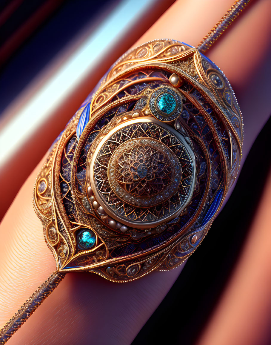 Golden amulet with turquoise stones and filigree on orange and blue backdrop