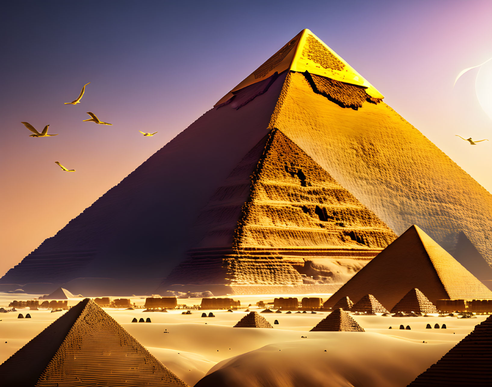 Great Pyramid and smaller pyramid under orange sky in serene Egyptian desert.