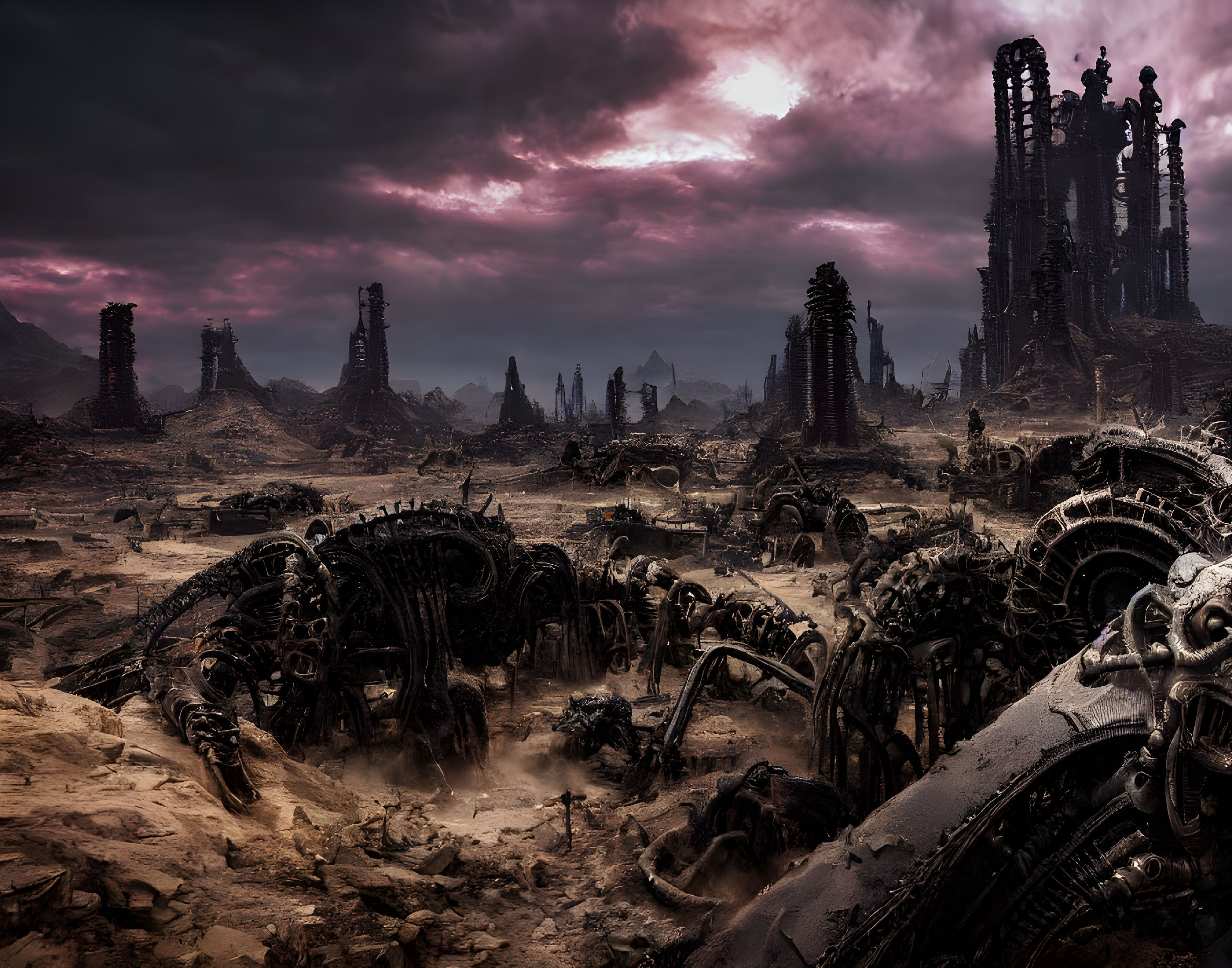 Dystopian landscape with dark structures and mechanical wreckage under purple sky