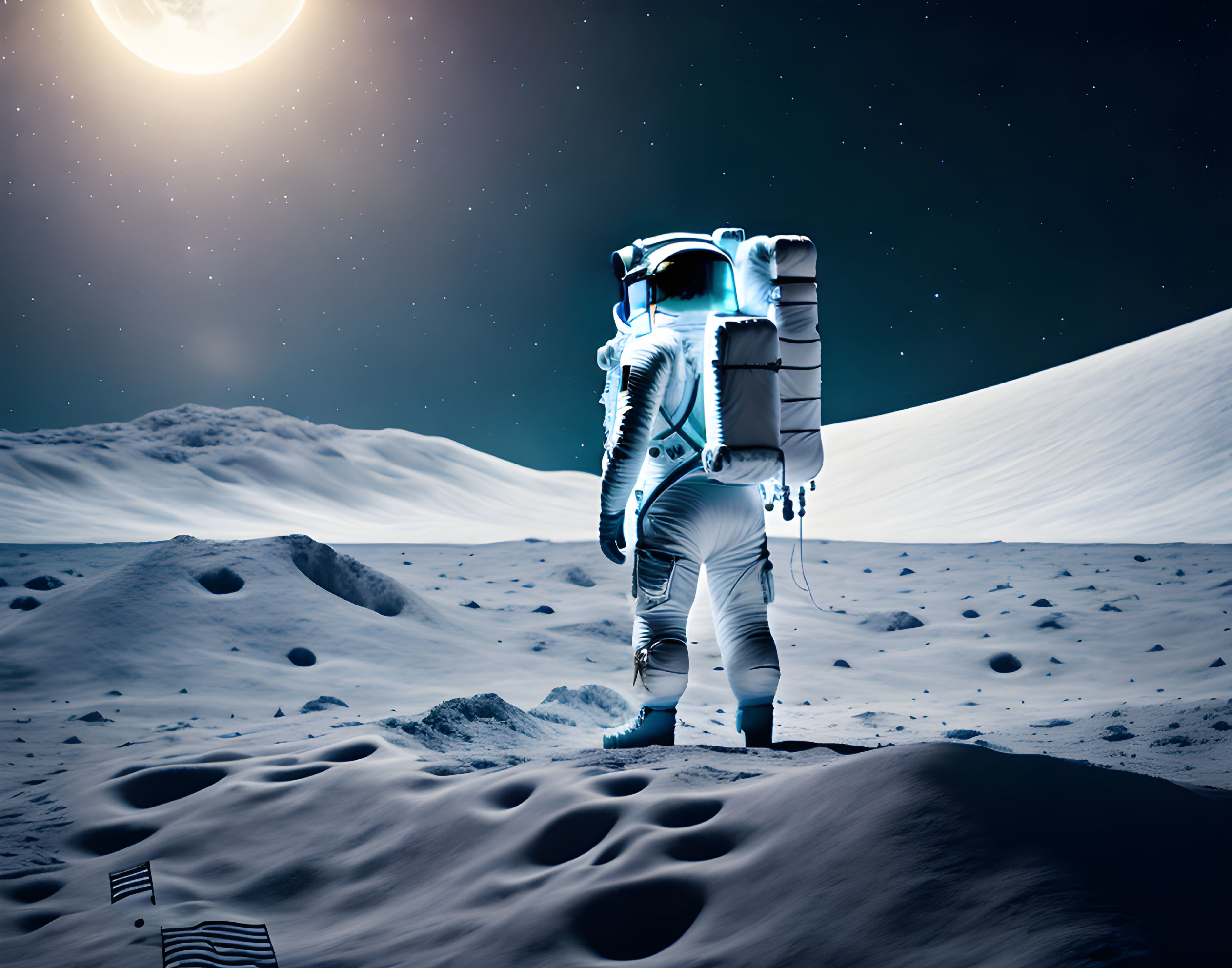 Astronaut on Moon Surface with Footprints, Mountain Backdrop, and Earth in Sky