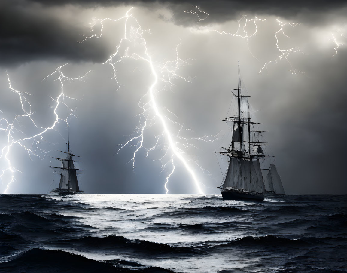 Stormy seas with sailing ships and lightning bolts in dark skies