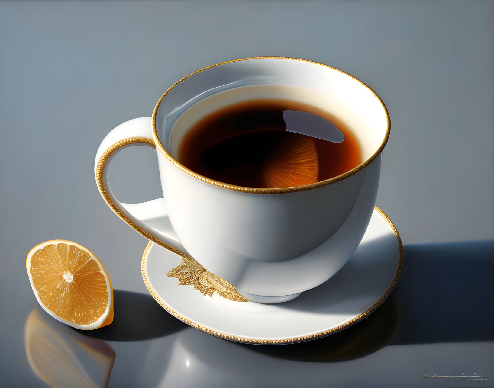 Realistic digital painting of white coffee cup, golden rim, saucer, orange slice on grey surface