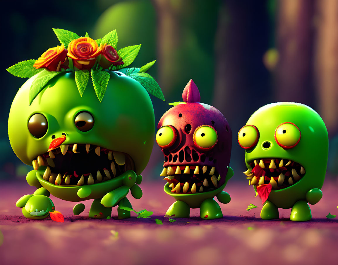 Stylized colorful zombie characters in forest with exaggerated facial features