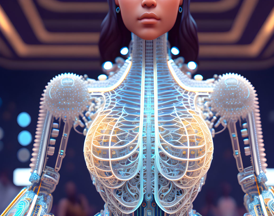 Detailed Close-up: Futuristic Android with Glowing Blue Patterns