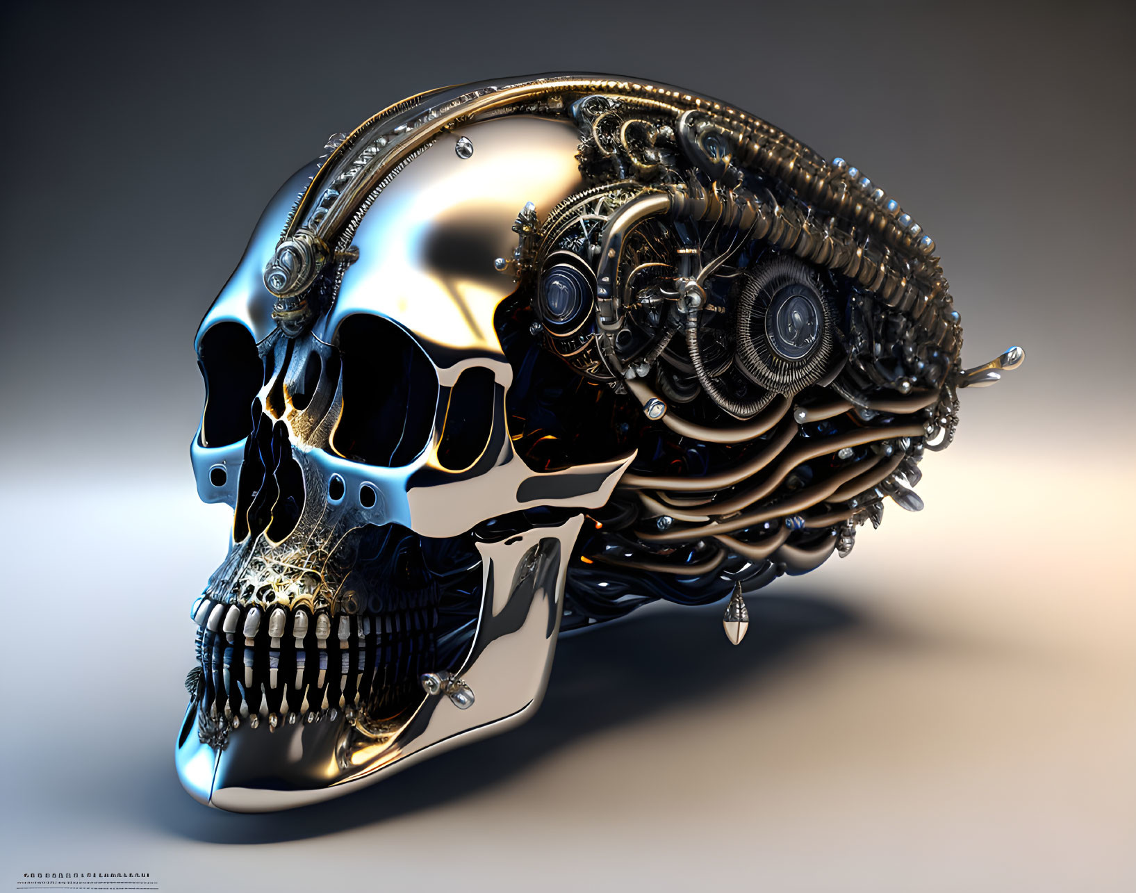 Shiny metallic skull with intricate mechanical details and gears