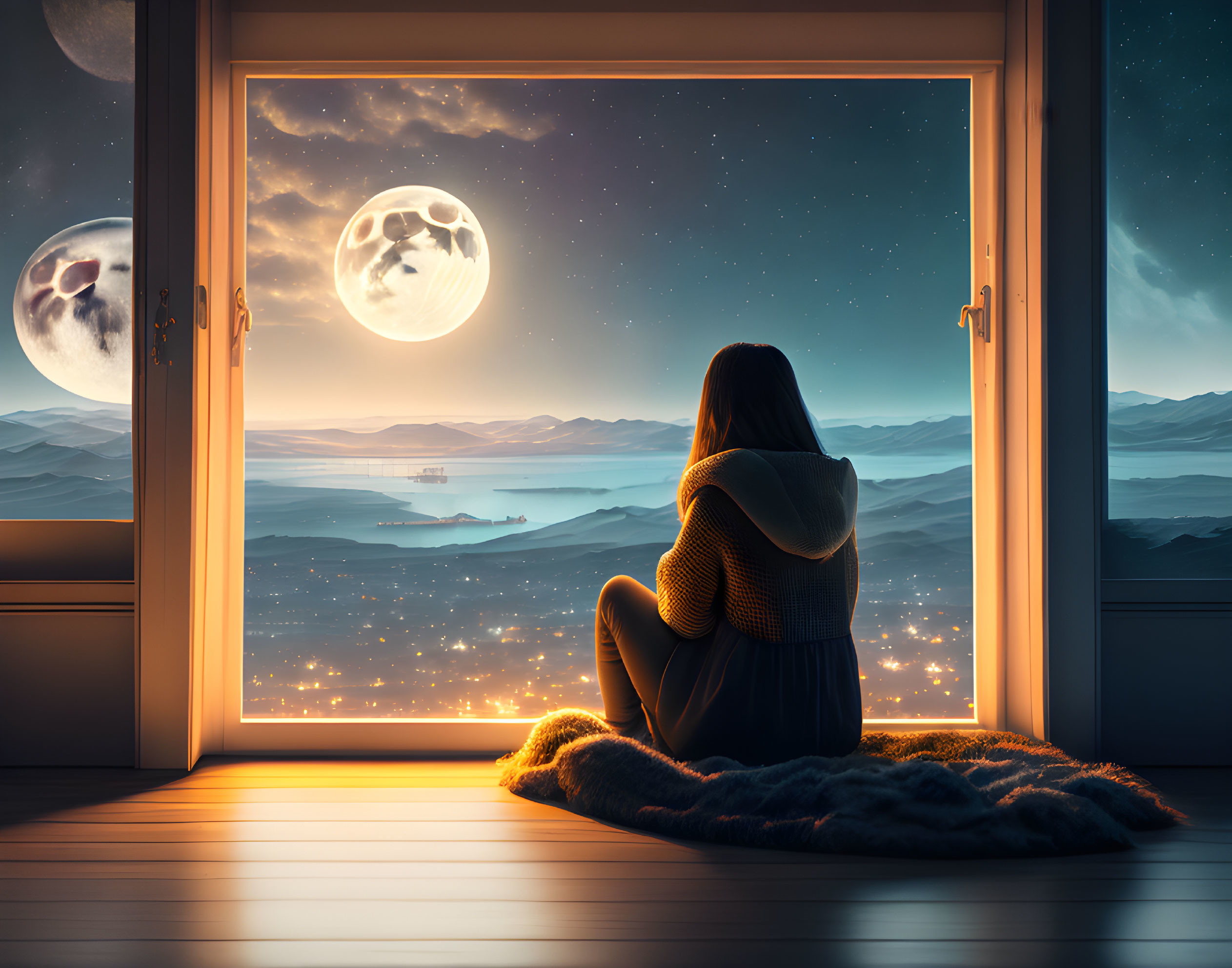 Person sitting by open window overlooking serene seascape with starry sky and two full moons