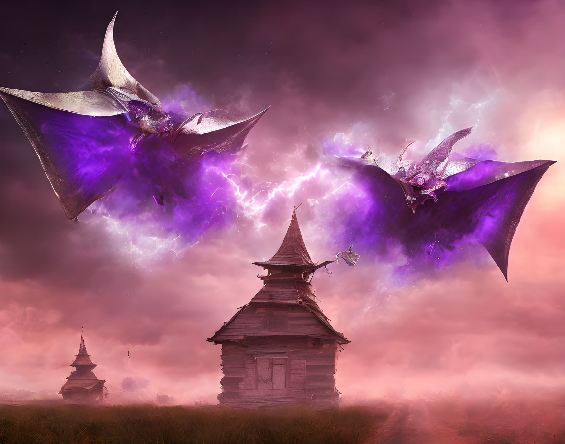 Ethereal creatures with purple energy wings in mystical landscape