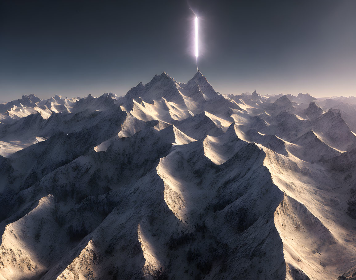 Snow-covered peaks in majestic mountain range under clear sky with brilliant light beam.