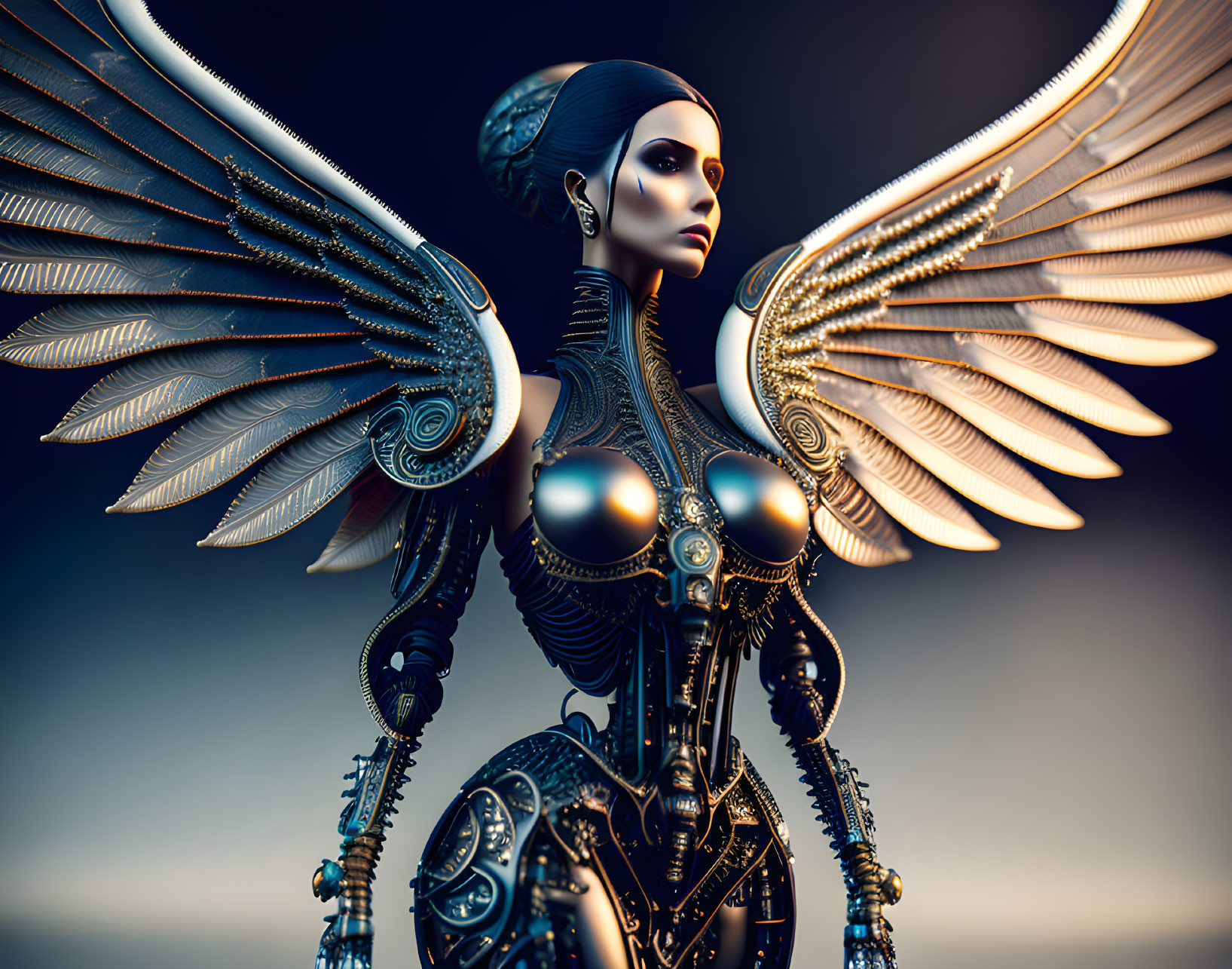 Detailed 3D metallic female android with ornate wings & mechanical parts