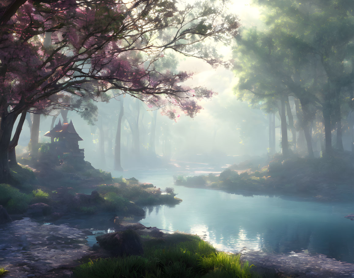 Tranquil forest scene with pink blossoming trees, blue river, and traditional pagoda in soft