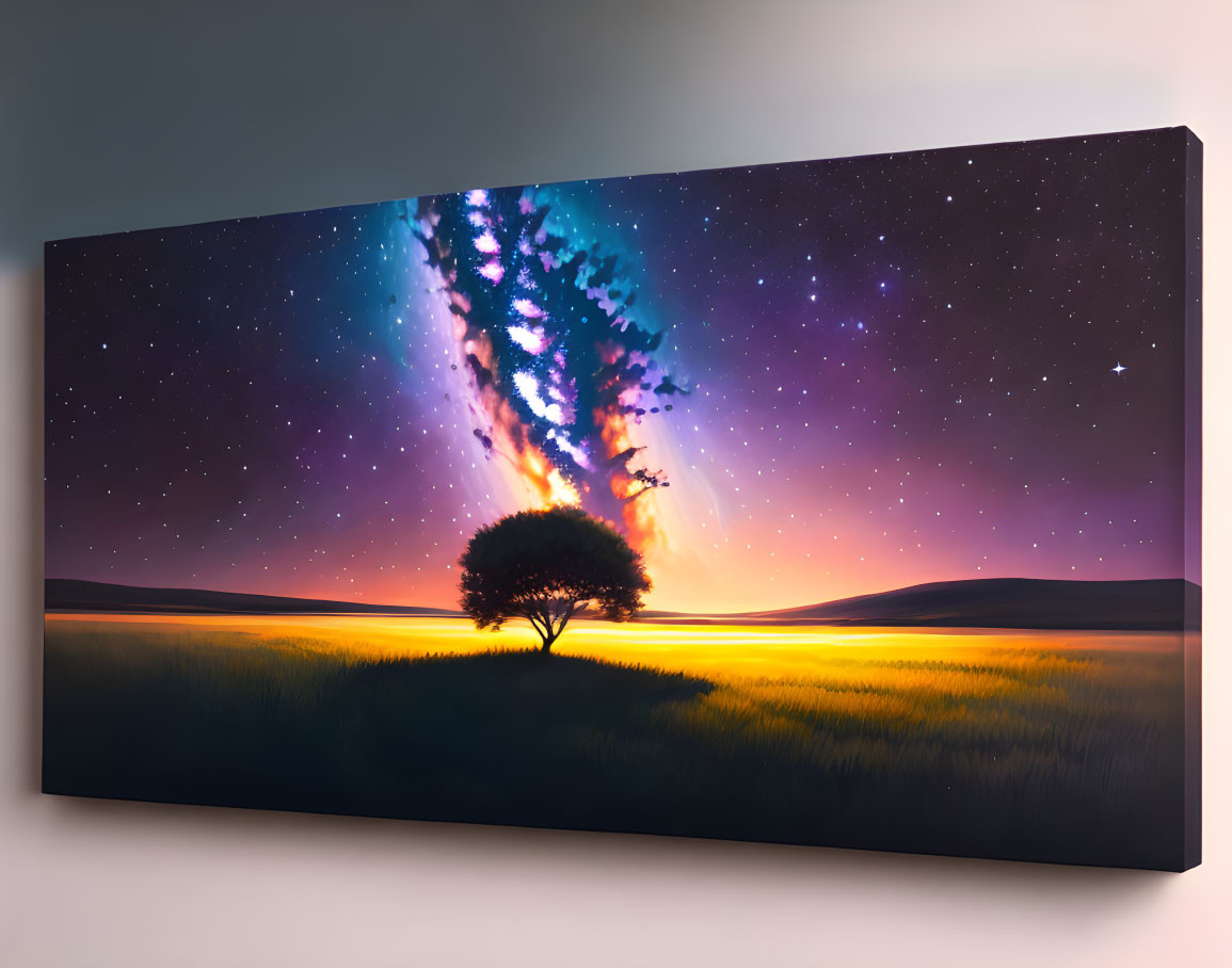 Surreal landscape canvas print with lone tree, starry sky, and golden sunset