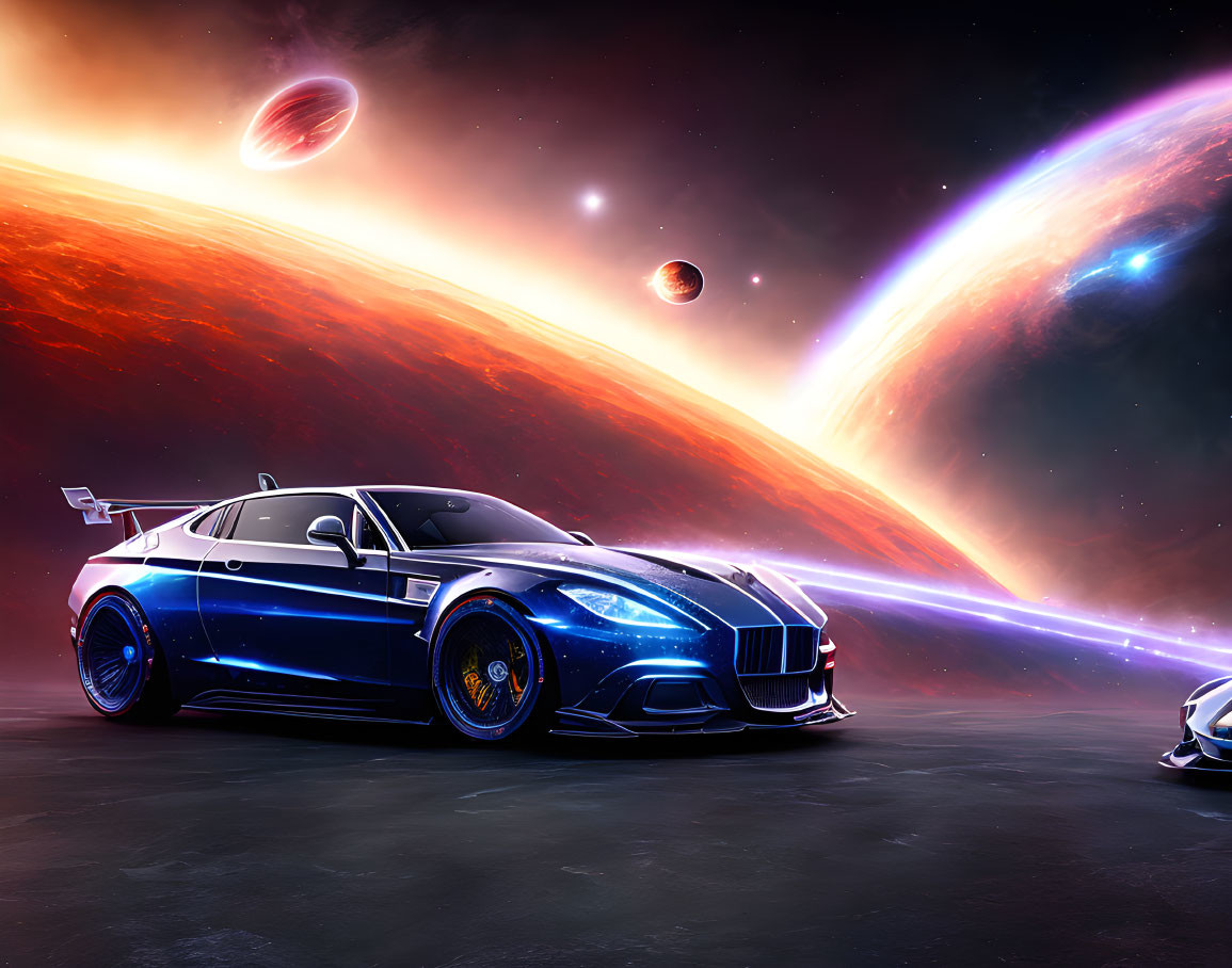 Stylized black and blue sports car on cosmic background with nebulas and celestial bodies.