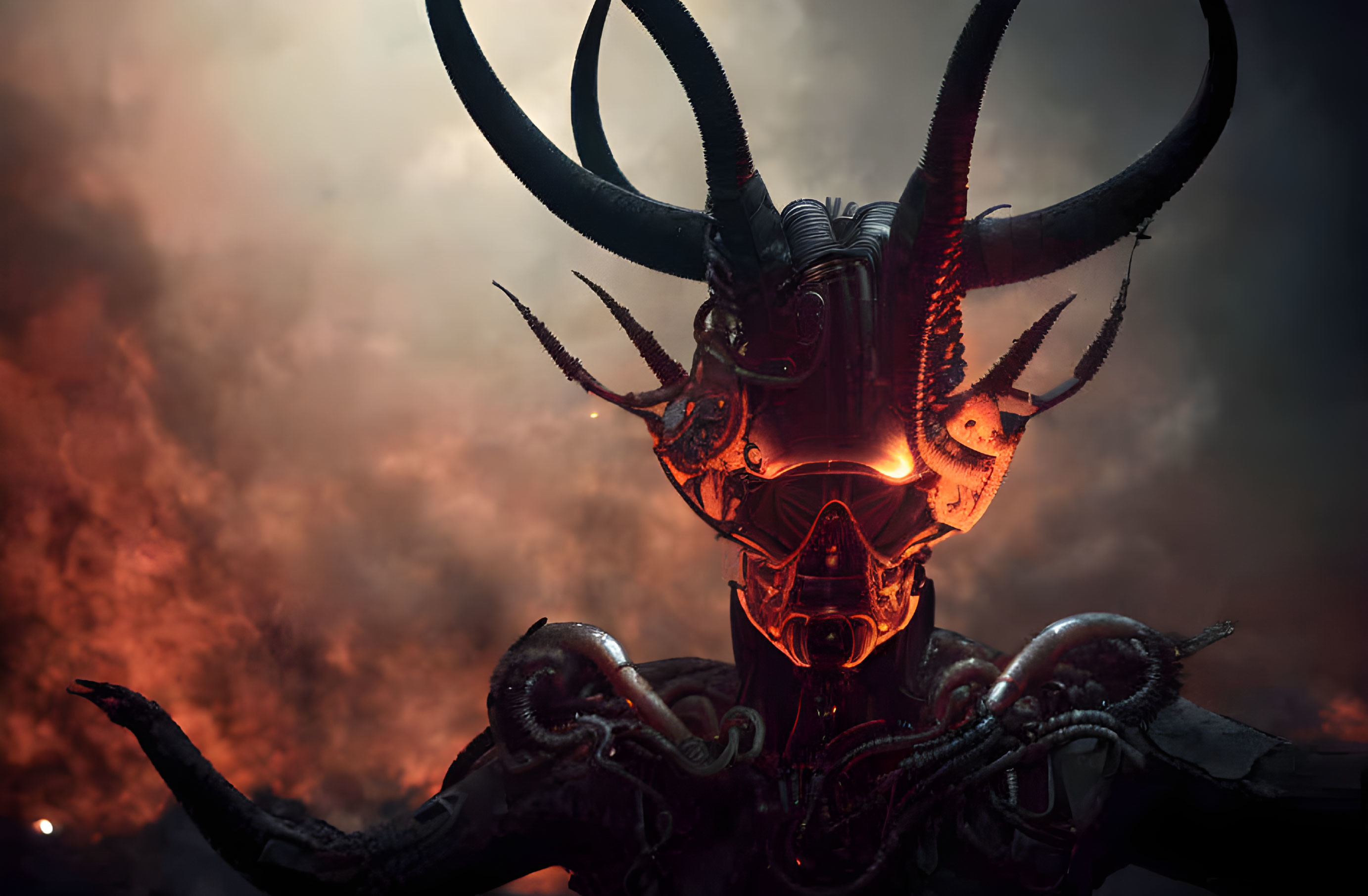 Sinister figure with glowing eyes and horns in dark, smoky sky