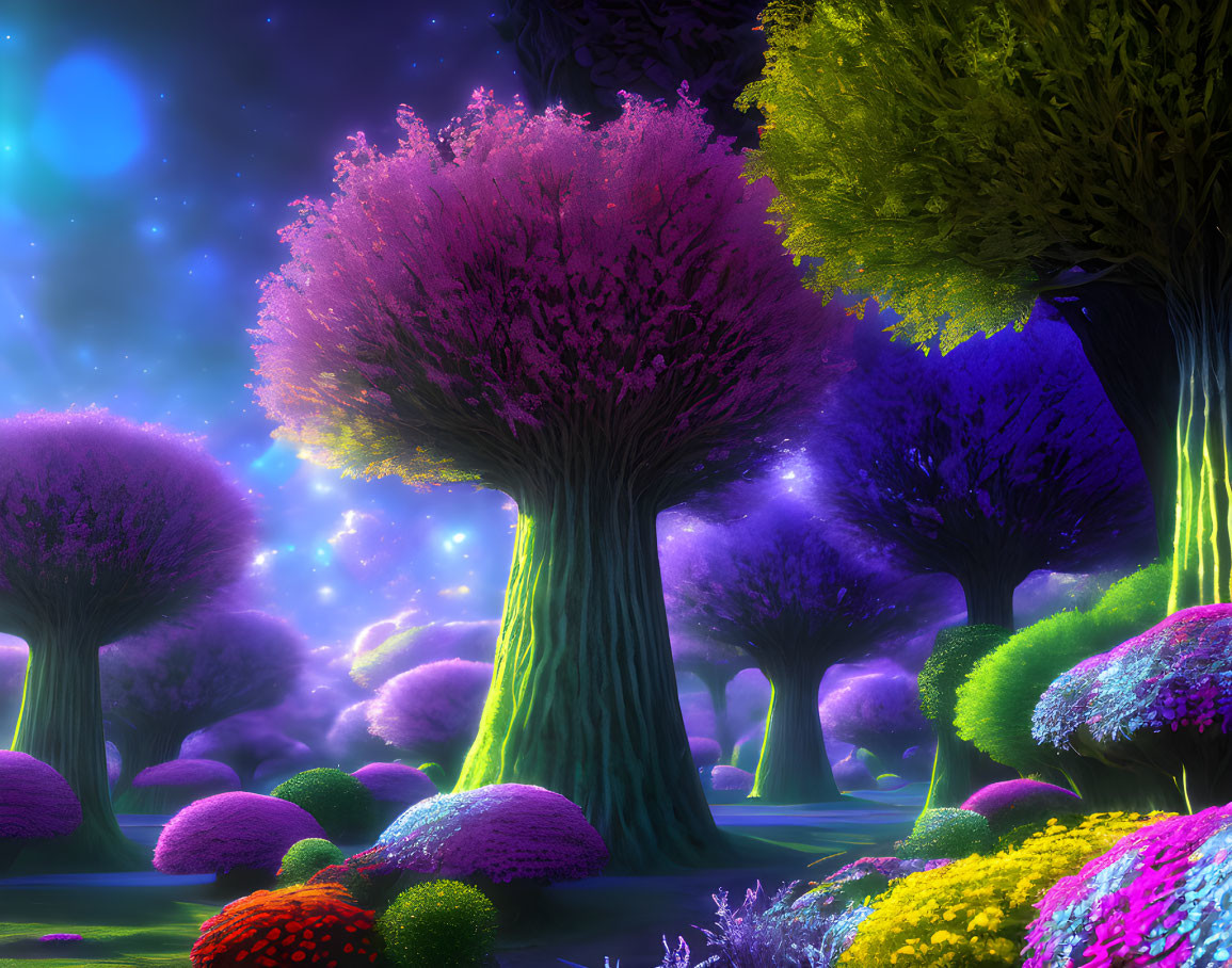 Colorful Glowing Trees in Vibrant Night Forest