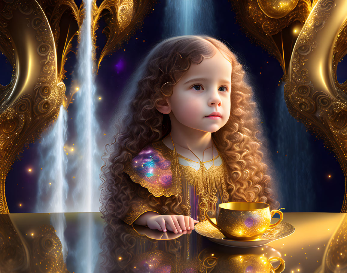 Curly-Haired Girl Beside Golden Teacup in Fantastical Setting