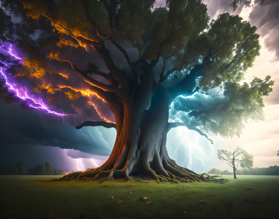 Majestic tree with expansive roots under dramatic twilight sky