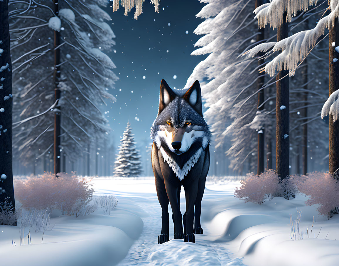 Majestic wolf in snowy forest with starry sky