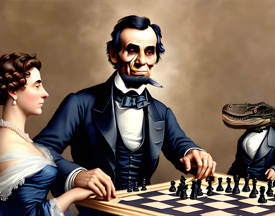 Man resembling Abraham Lincoln plays chess with woman, alligator in suit watches