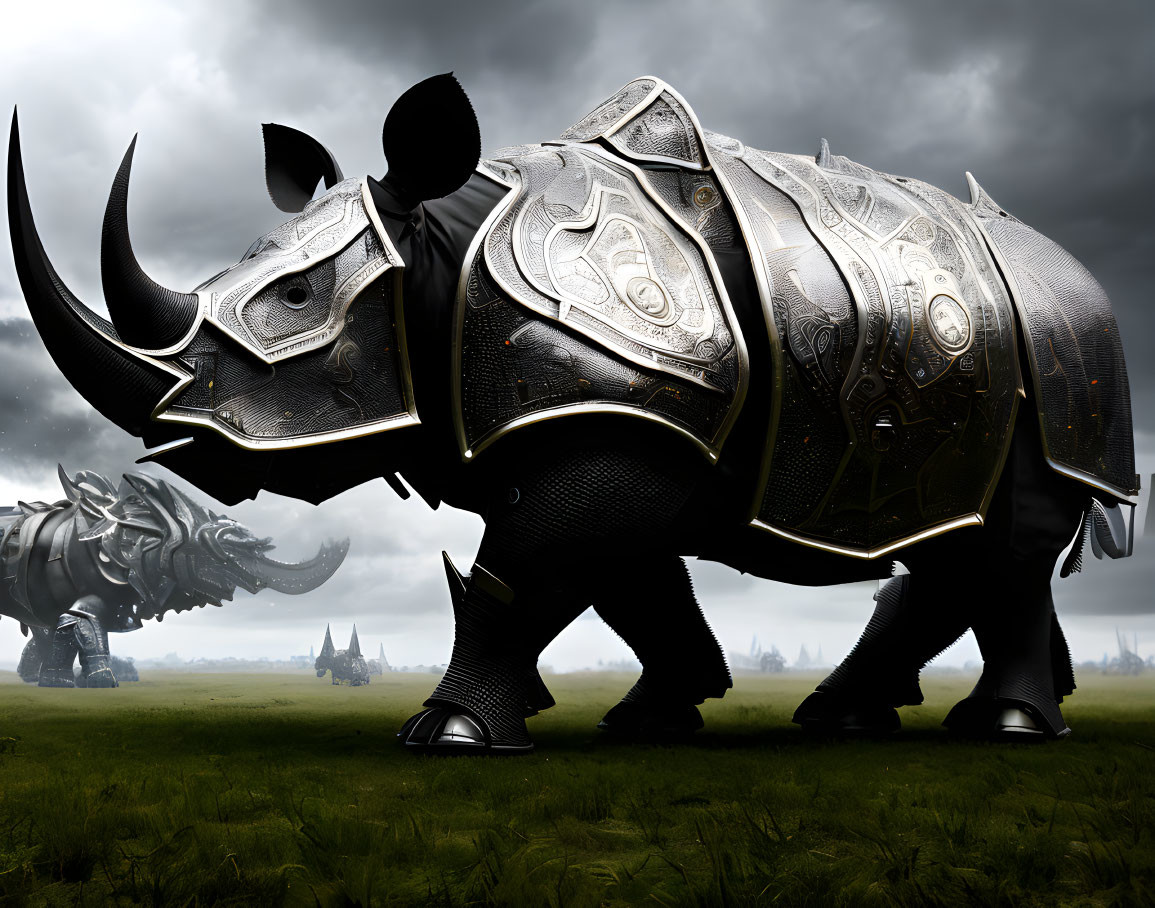 Armored rhinoceroses in grassy field under stormy sky with ominous towers