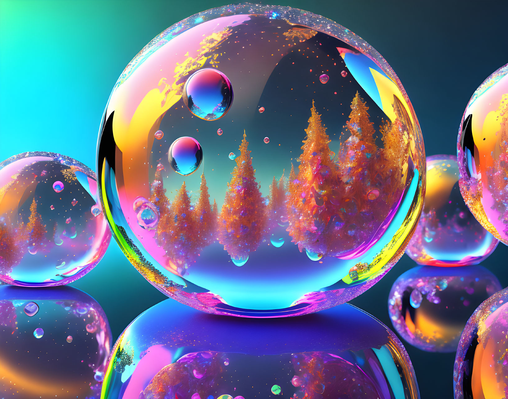 Colorful soap bubbles reflect forest and iridescent surface on blue-green background