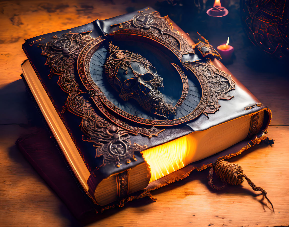 Intricate metallic skull design on ornate book with candles on wooden surface