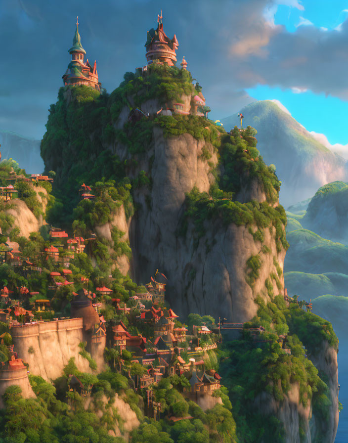 Picturesque Asian-inspired cliffside village with tiered buildings and ornate temples nestled amidst lush greenery