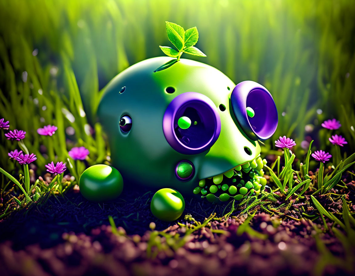 Whimsical 3D green skull with purple eyes and leaf, amidst grass and flowers