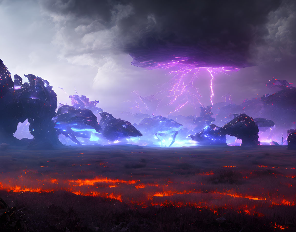 Mystical alien landscape with glowing blue formations and fiery red flora under stormy sky