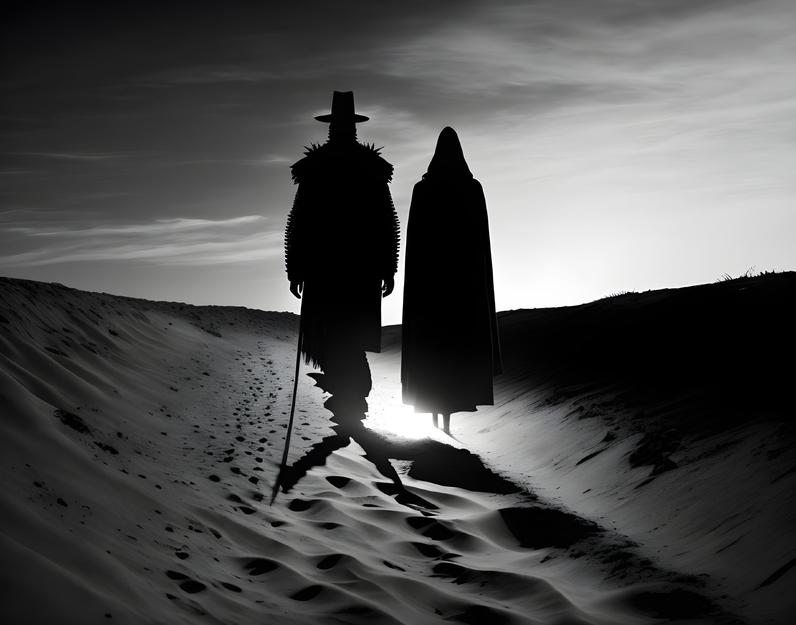 Silhouetted figures in hat, cloak, and cape on sandy dune under bright sky