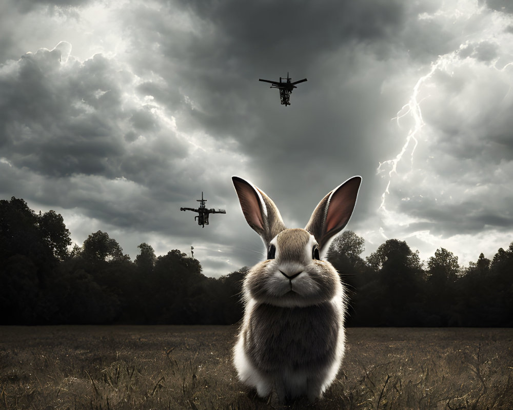 Fluffy rabbit in field under stormy sky with lightning and helicopters