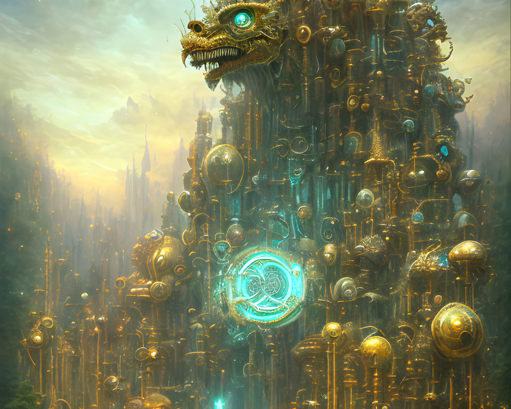 Golden mechanical tower with dragon head in misty forest with glowing elements