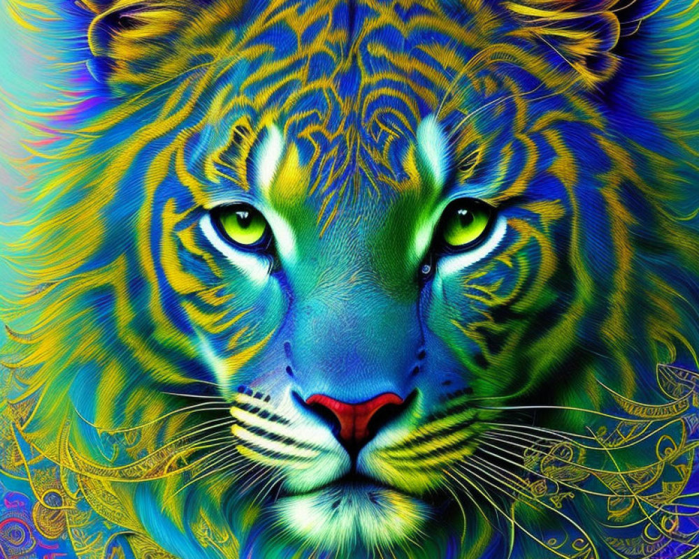 Colorful Tiger Artwork with Psychedelic Patterns on Abstract Background