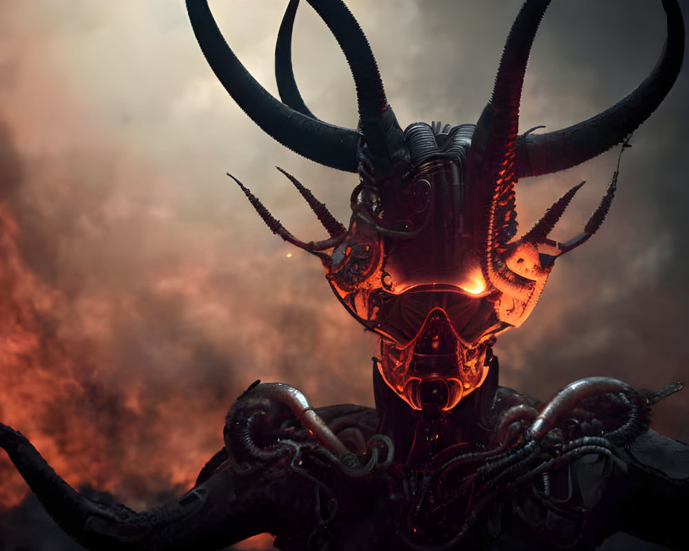 Sinister figure with glowing eyes and horns in dark, smoky sky