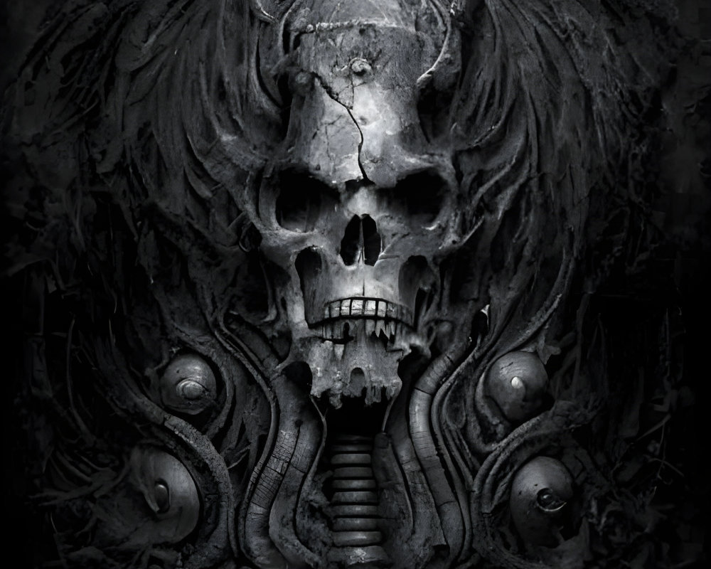 Monochrome art: Intricate skull surrounded by feather-like shapes