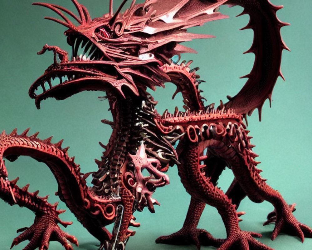 Intricate Red Paper Dragon Sculpture on Teal Background