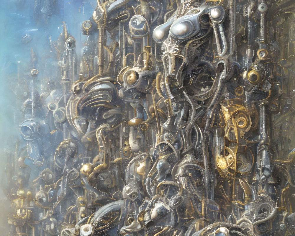 Detailed biomechanical structures intertwined with skeletal and muscular forms in misty backdrop