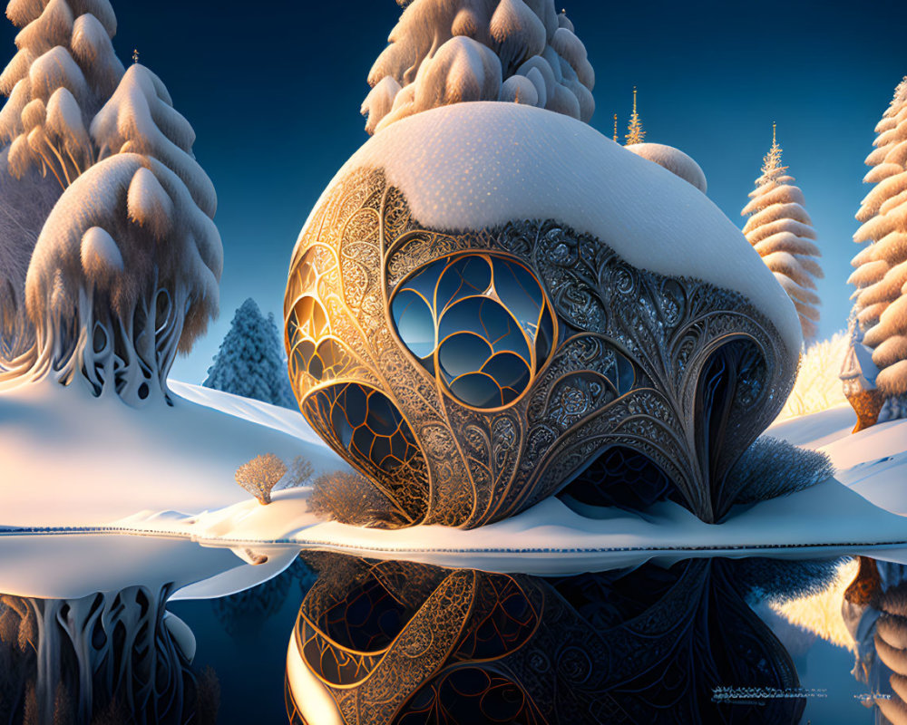 Fantastical winter landscape with golden leaf-like structure in snowy forest.