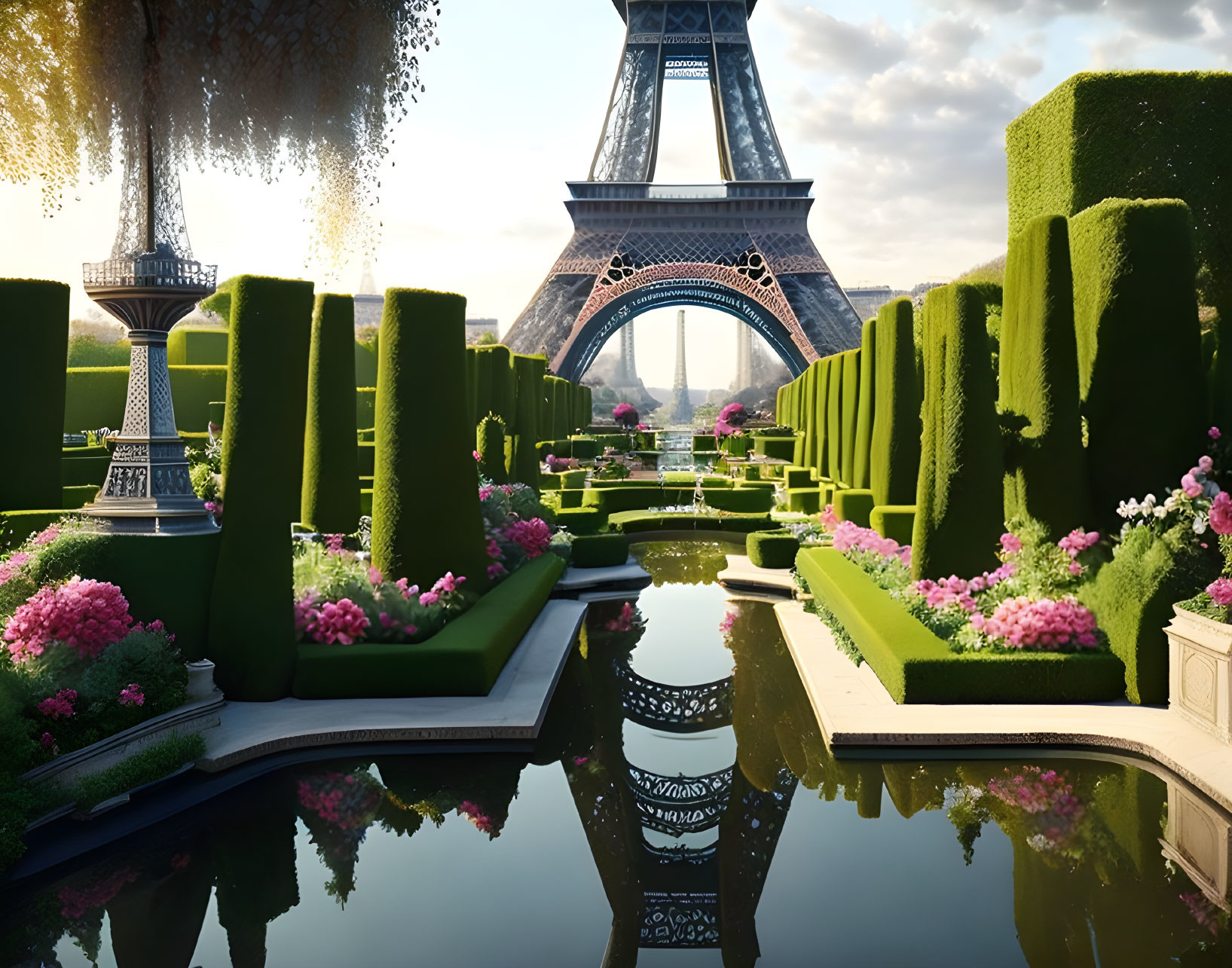 Manicured garden with pink flowers and Eiffel Tower reflection in water pond