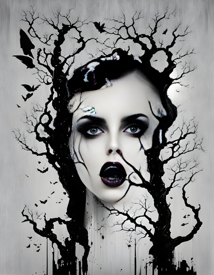 Surreal portrait of woman's face blending with tree branches and birds