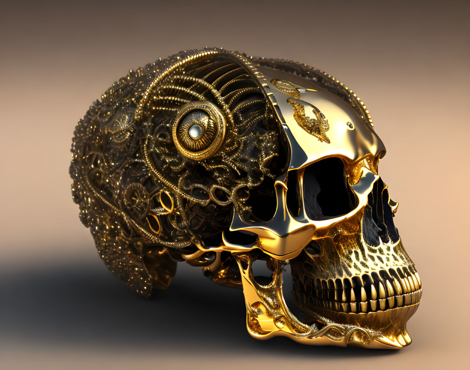 Intricate golden skull with blue eye in ornate design