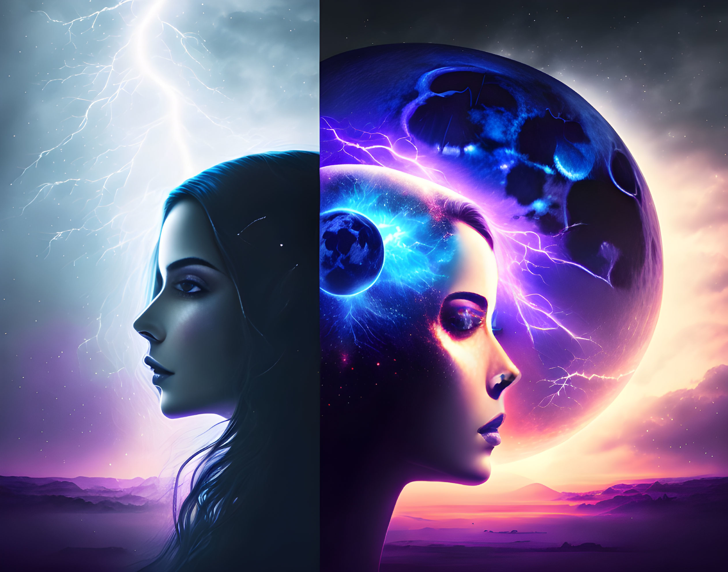 Split-image of woman's profile with cosmic elements: lightning on left, head merging into planet on right