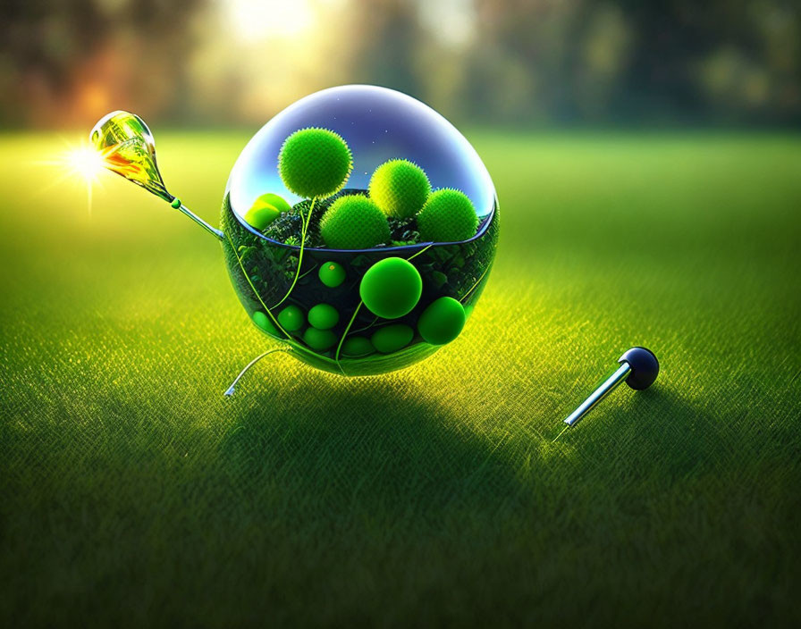 Transparent Sphere with Green Spheres on Grass and Dandelion in Sunlight