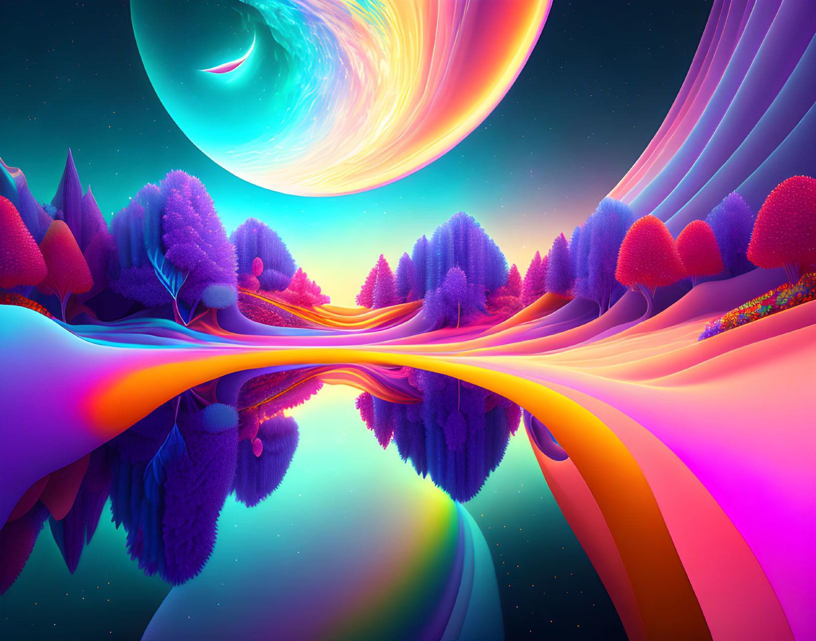 Colorful surreal landscape with neon river, fantastical trees, and oversized swirling planet.