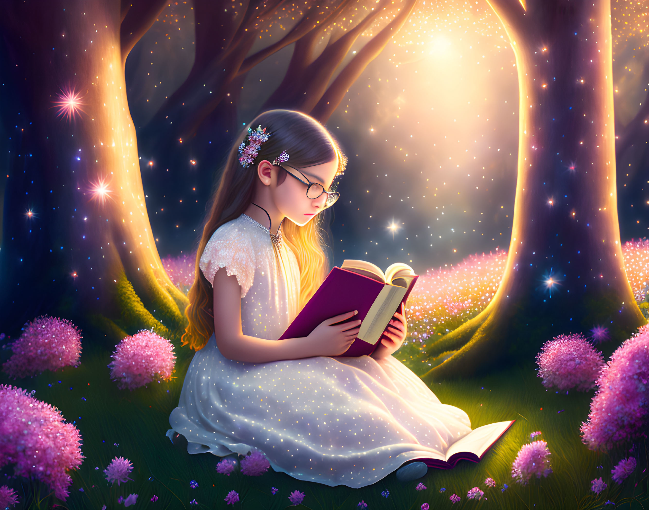 Young girl with glasses reading book in magical forest glade surrounded by glowing flowers and trees