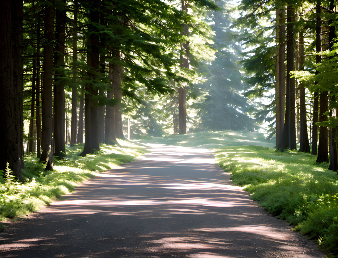 Sunlit Pathway Through Dense Forest with Tall Trees