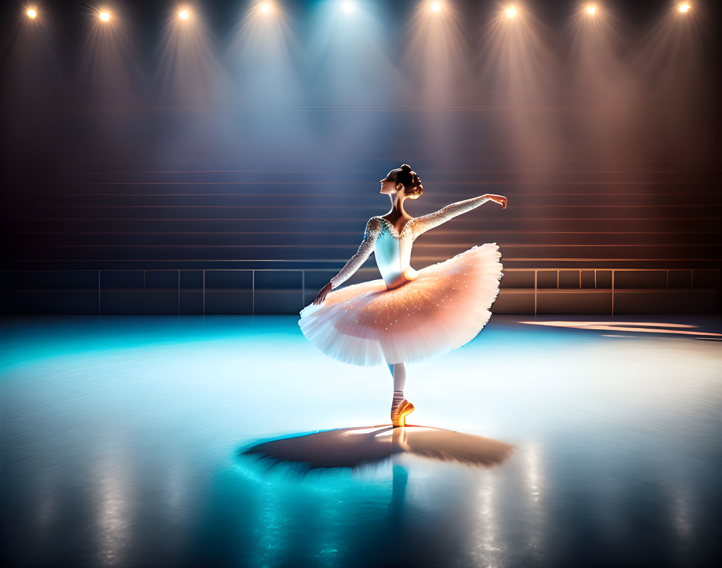 Ballet dancer in tutu and pointe shoes on dimly lit stage