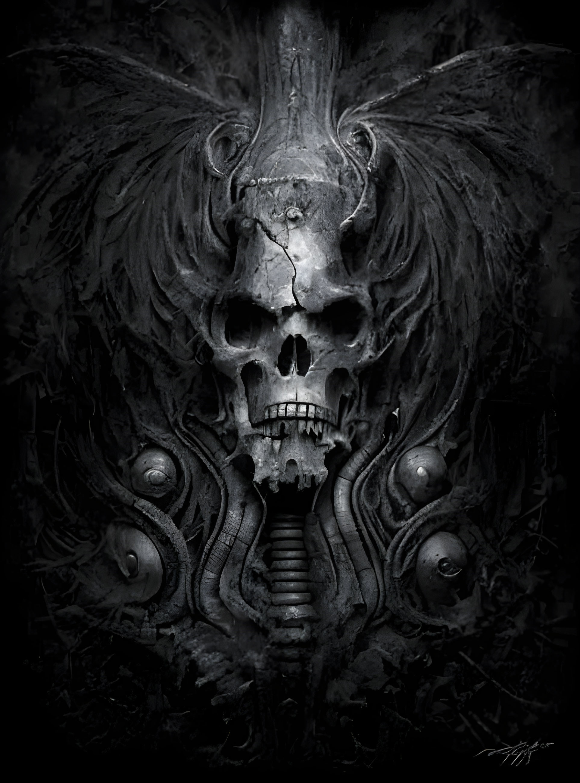 Monochrome art: Intricate skull surrounded by feather-like shapes