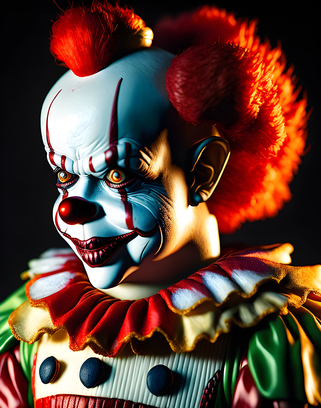 Detailed close-up of a creepy clown with red hair and sinister smile